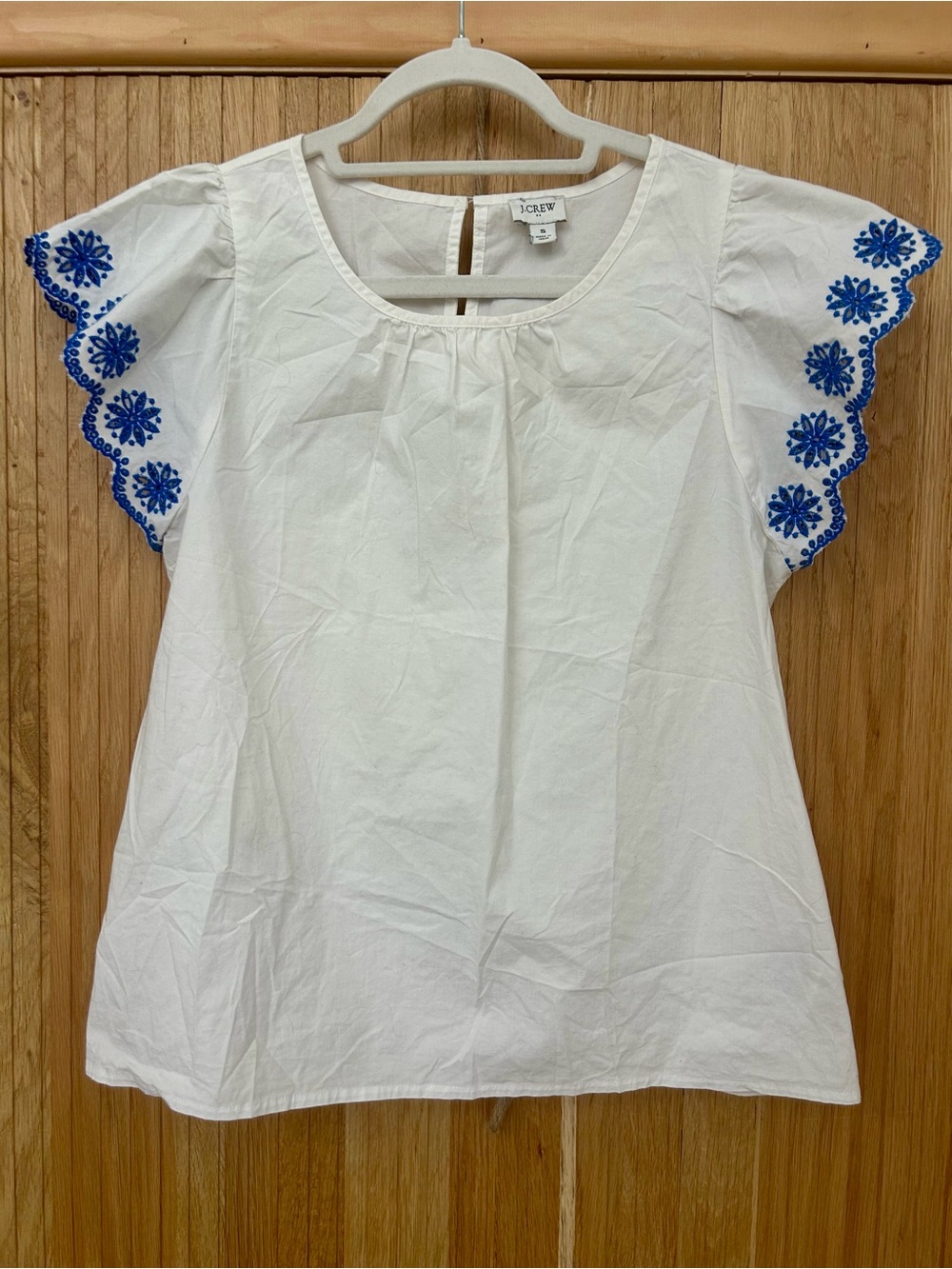 J. Crew White Cotton Top with Blue Embroidered Sleeves